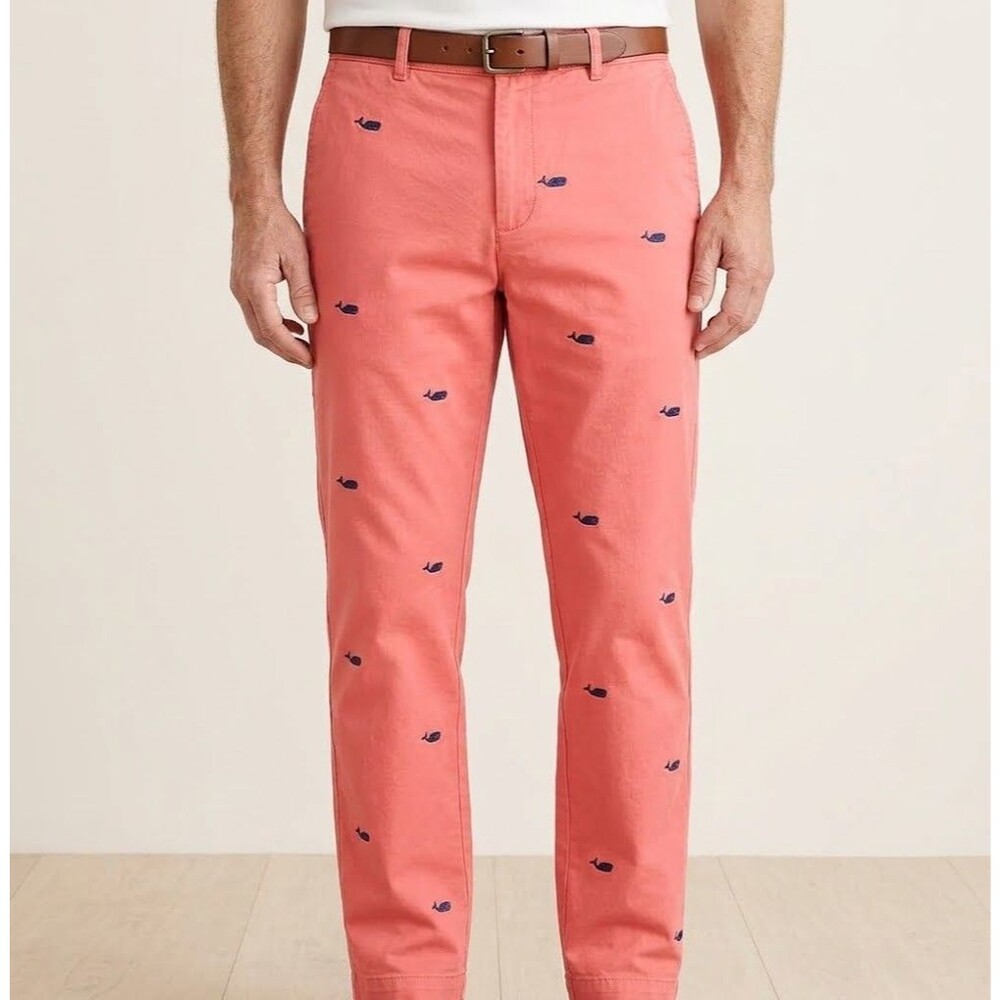 J.Crew Mens Chinos 34x32 Coral Pink Embroidered Whale All Over Print Chino Pants